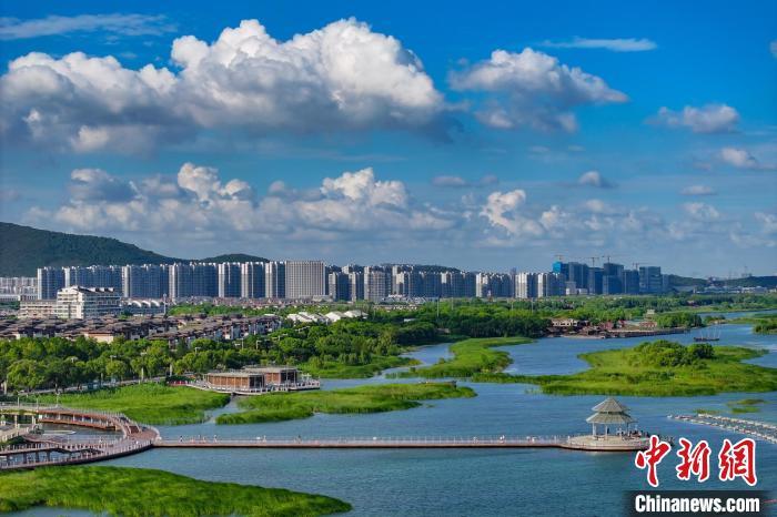 資料圖：航拍蘇州太湖湖濱國家濕地公園，藍天碧水生態美。 泱波 攝