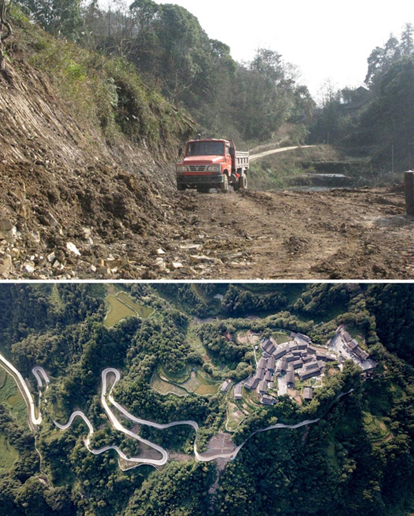 拼版照片：上圖為2011年12月拍攝的湖南省湘西土家族苗族自治州花垣縣十八洞村進(jìn)村道路；下圖為2019年9月拍攝的十八洞村及進(jìn)村道路。