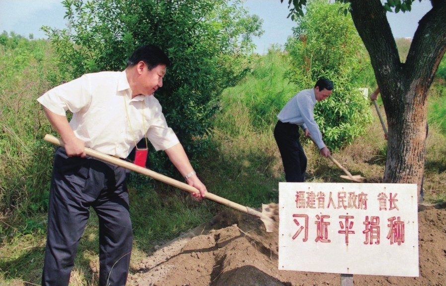 2001年10月，習近平在龍巖市長汀縣調研水土流失治理工作，在河田世紀生態園為樹培土。圖源：《習近平在福建（下）》
