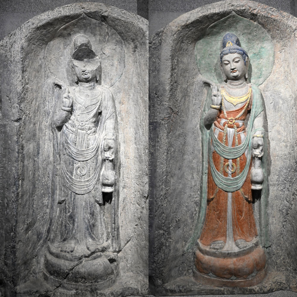 左圖為龍門石窟萬佛洞窟前南壁菩薩造像的3D打印模型；右圖為利用數字化技術復原后的3D打印模型（2025年4月10日攝，拼版照片）。復原后的像龕精妙絕倫，栩栩如生，被游客譽為“龍門最美菩薩”。圖片來源新華社