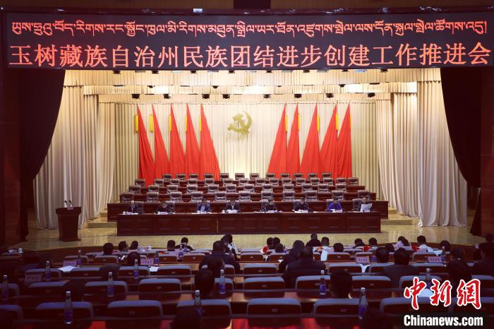 圖為玉樹州民族團結進步創建工作推進會現場。　胡貴龍 攝