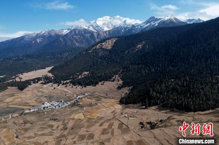 2月17日，西藏林芝魯朗小鎮(zhèn)周邊雪山與牧場。(無人機照片) 李林 攝